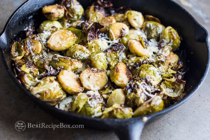 Thanksgiving Brussels Sprouts Recipes for Easy Side Dish in a cast iron skillet 
