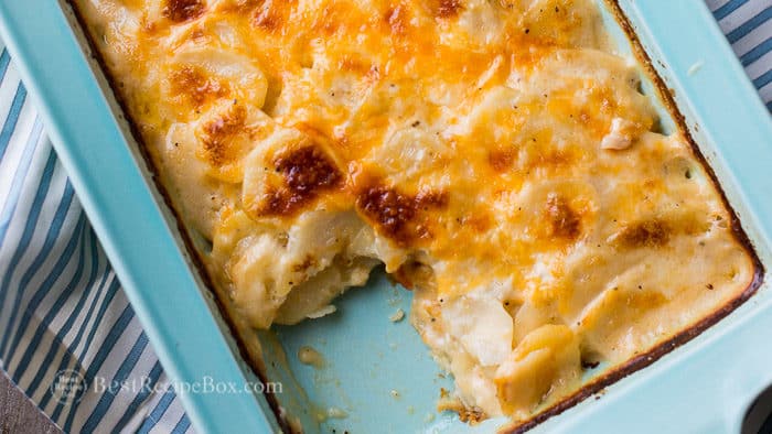 Thanksgiving Scalloped Potatoes Recipe in a casserole 