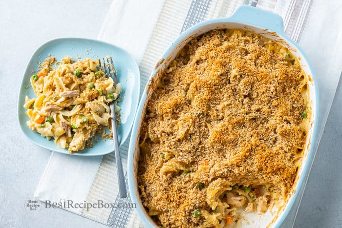 Noodle Casserole Recipe on a plate with fork