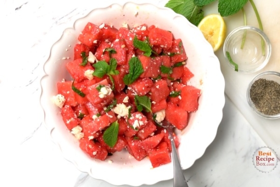 Finished watermelon and feta salad in serving bowl