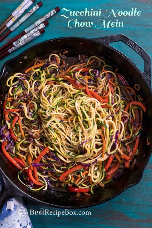 Zucchini Noodle Chow Mein Recipe in a iron skillet