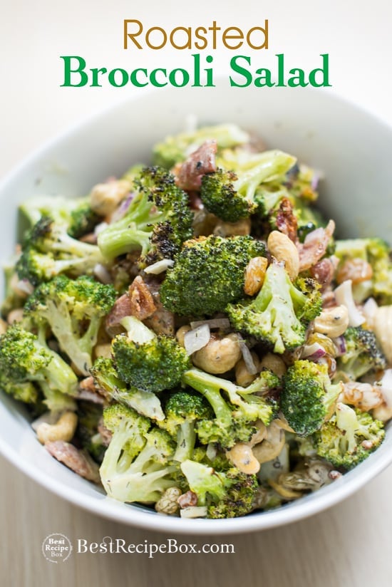 Roasted Broccoli Salad Recipe with Bacon, Nuts and Dried Fruit in a bowl 