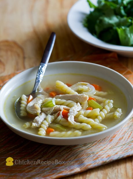 Wonderful Homemade Chicken Noodle Soup Recipe in a bowl with spoon