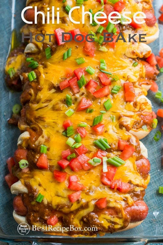Chili Cheese Hot Dogs in a casserole dish