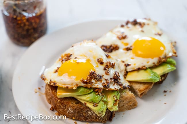 chili crisp eggs on avocado toast 