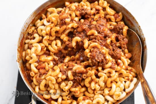 Stir in cooked pastas with the chili and meat sauce