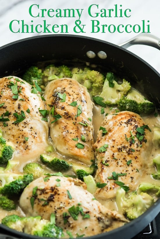 Skillet Creamy Garlic Chicken and Broccoli in cooking pan