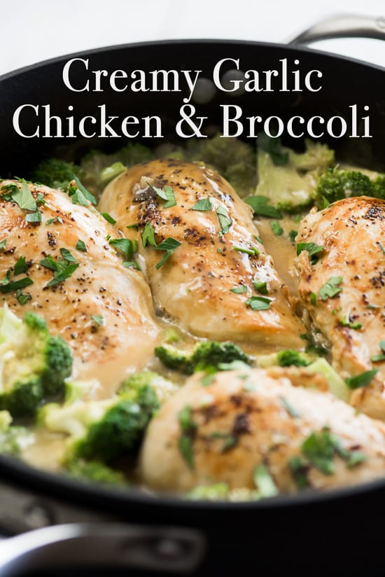 Skillet Creamy Garlic Chicken and Broccoli  in a cooking pan