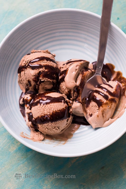 No Churn Easy Chocolate Ice Cream Recipe in a bowl with a spoon
