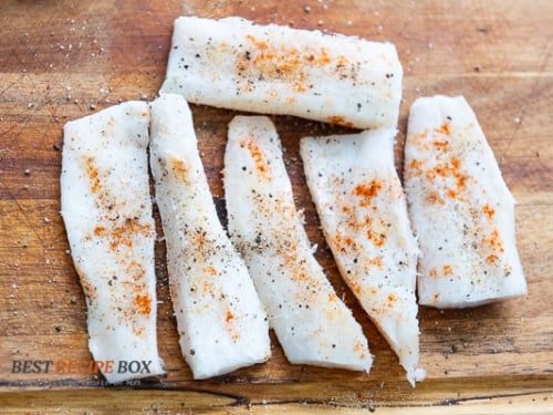 seasoned strips of white fish