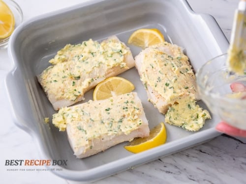 buttered fillets in baking dish