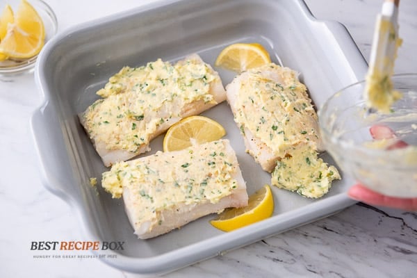 buttered fillets in baking dish