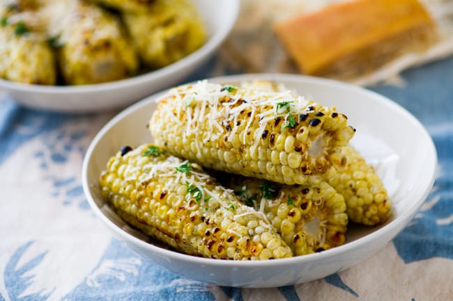 Grilled Corn Recipe with Garlic and Parmesan in a bowl