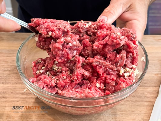beef burger mix with seasonings in bowl