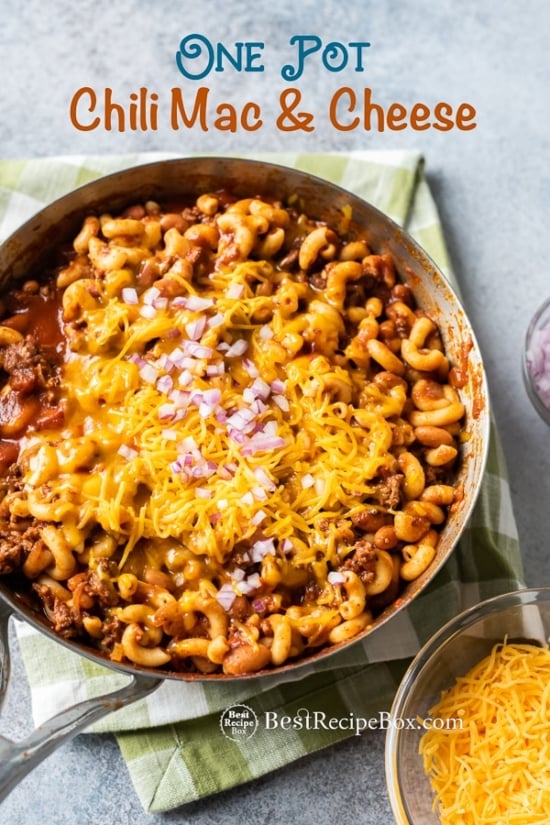 One Pot Chili Mac and Cheese Recipe in a cooking pan
