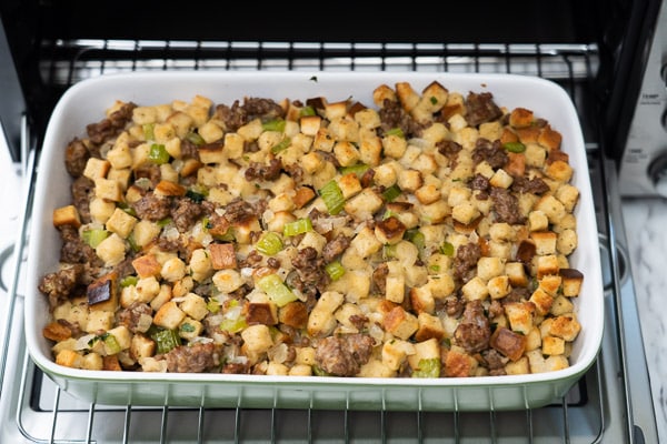 Finished air fryer stuffing in baking dish