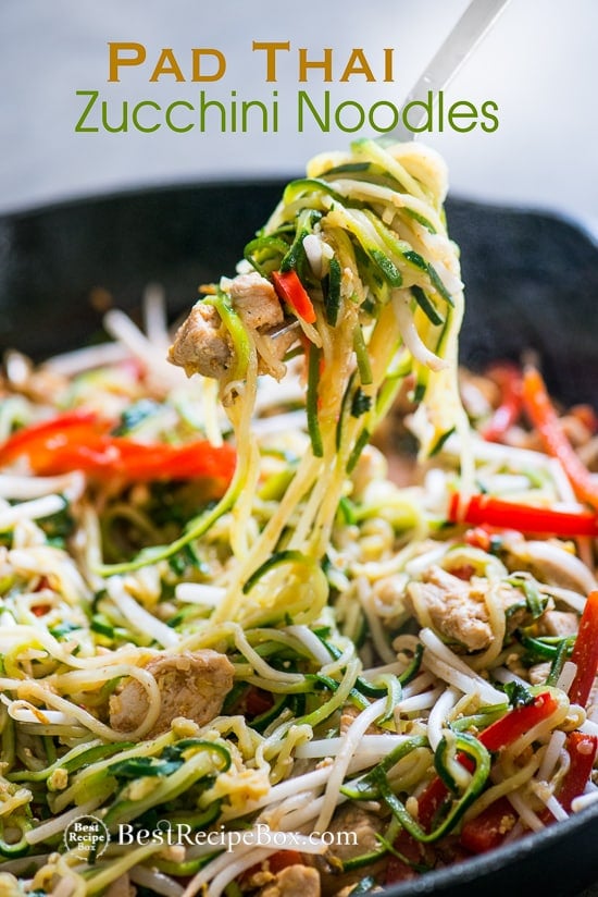 Zucchini Noodle Pad Thai Recipe in a cast iron skillet with fork