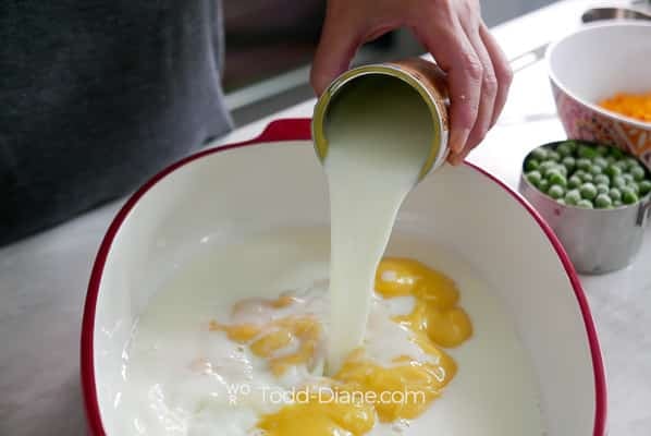 pouring soup mix into dish