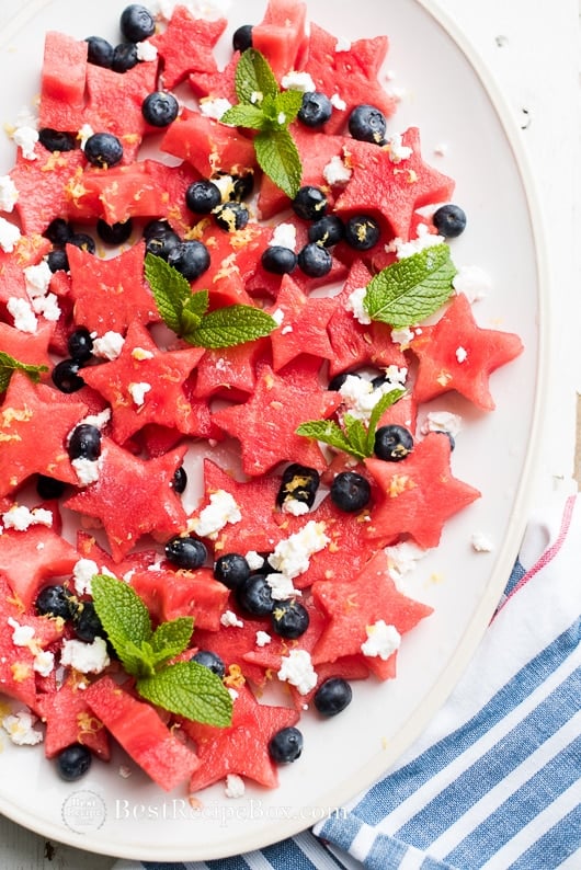 Fourth of July Red White and blue Watermelon Fruit Salad Recipe on plate