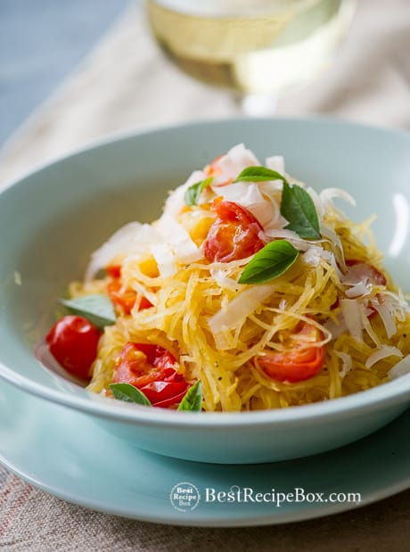 How to cook microwave  Spaghetti Squash with Tomatoes & Basil in a bowl