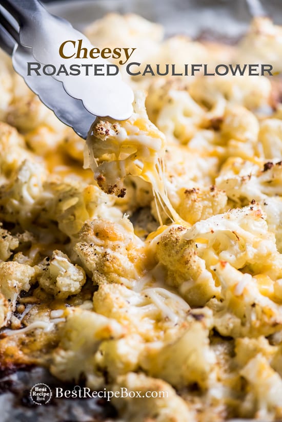 Cheesy Roasted Cauliflower Recipe is Low Carb and Delicious on a bake sheet pan with tong