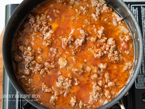 simmering pot of sloppy Joe meat mix