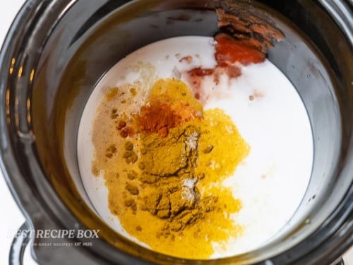 spices and coconut milk in slow cooker pot