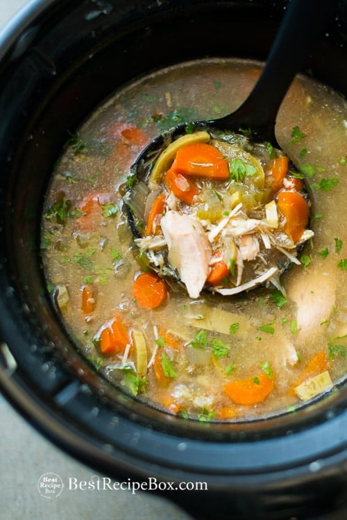 Awesome Slow Cooker Chicken Vegetable Soup Recipe in cooking pot with ladle 