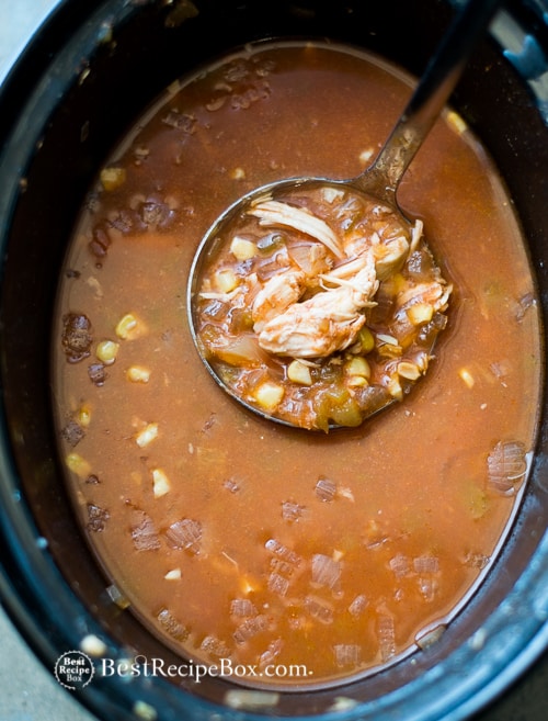 Slow Cooker Chicken Tortilla Soup with ladle